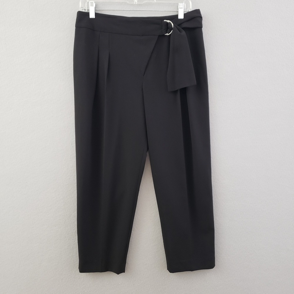 Symmetry Women 4 Dress Pants Black Cropped D-Ring Belted Pleated Tapered Leg